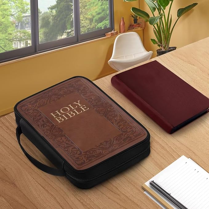 HOLY Bible Pattern Bible Cover for Men Women,Brown Carrying Book Case Church Bag with Handle