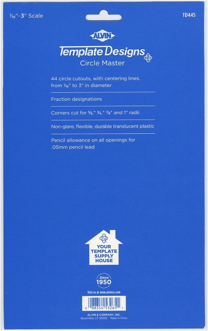 Alvin, Circle Guide Template, 44 Circles, 7 inches x 9.25 inches x .030 inches