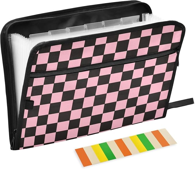 Black Pink Checkerboard Accordion File Organizer Expanding Document Folder with 13 Pockets Portable File Folder for A4 Letter Size