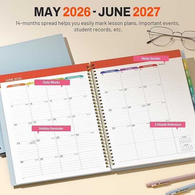 SUNEE Teacher Planner 2026-2027 Academic Year, 7 Periods Lesson Plan Book Jul 2026 - Jun 2027, 8.5"x11" Daily Weekly Monthly Organizers Vertical Layout with Calendars, Bookmark, Waterproof Cover, Blue