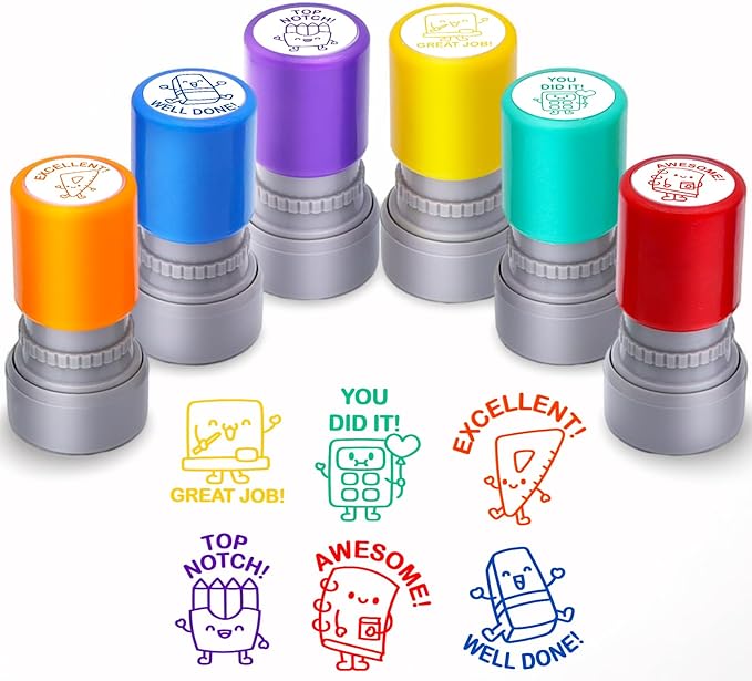 6-Piece Set of Teacher Stamps - Stationery Cute Motivational Scoring for Grading Teacher Stamp Self Inking Stamp Behavior Stamps for Teachers Grading (Regular)