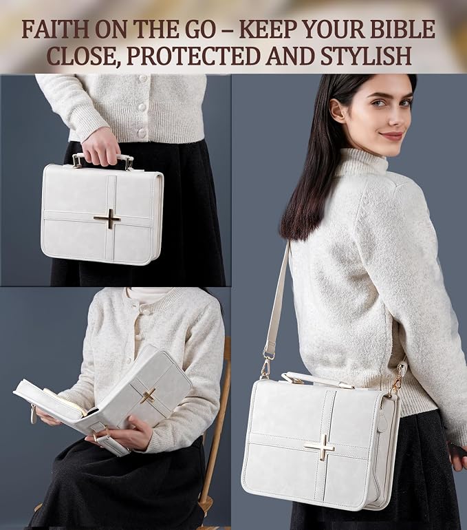 Vegan Leather Bible Cover Case, Bible Bag with Phone Pocket, Bible Case for Women, Christian Gift Box Packaging (White – with Strap)