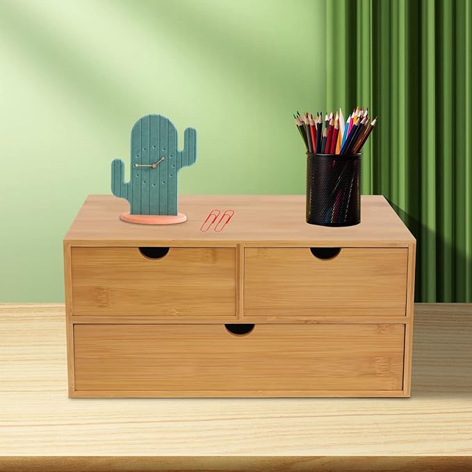 Bamboo Desk Organizer With 3 Drawers, 3 Drawers Counter Storage Countertop Drawers Box,Modern Tabletop Organizer No Assembly Required For Office Supplies, Home, Makeup And Toiletries