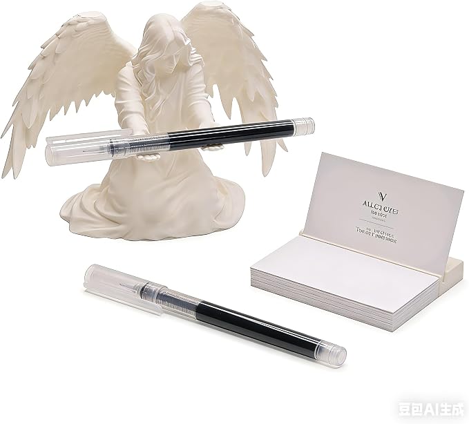 Angel Pen Holder with Hand-Polished Feather Wings, Desktop Organizer, Home & Office Decor, Guardian Gift (White)