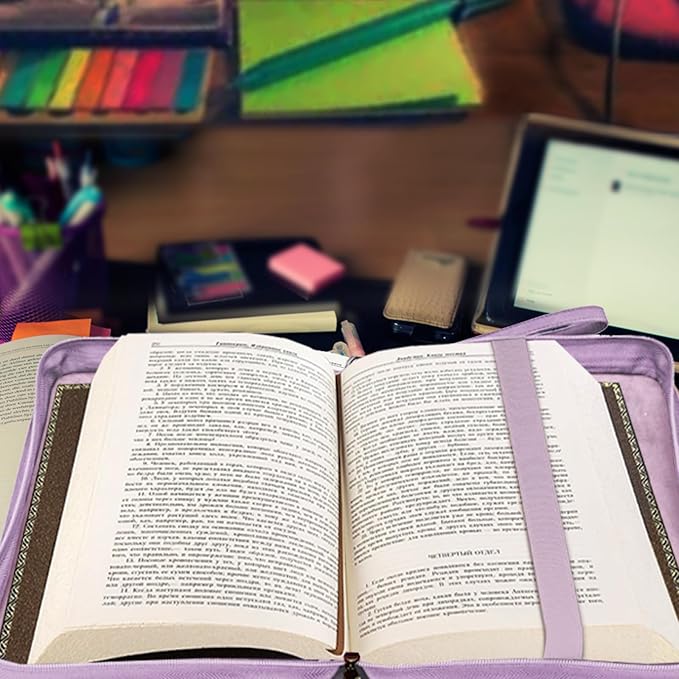 Bible Covers for Women, Leather Bibles Study Case with Bookmark for Men, Bible Supplies Carrying Bag Tote with Strap,Personalized Book Church Organizer Bag (Purple)