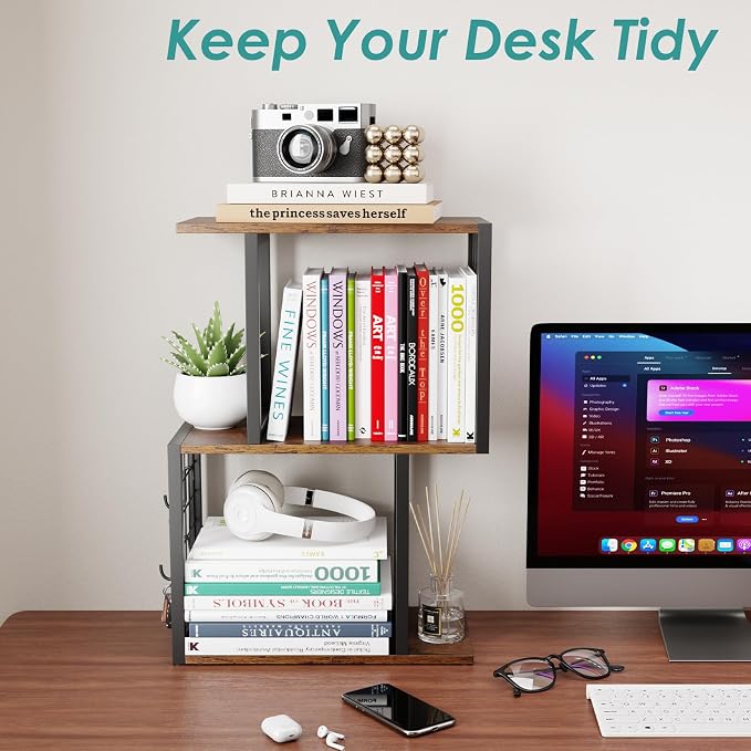 Desktop Bookshelf,3-Tier Desk Organizer Shelf with Hooks Desk Organization Deals for Office Storage Rustic Brown