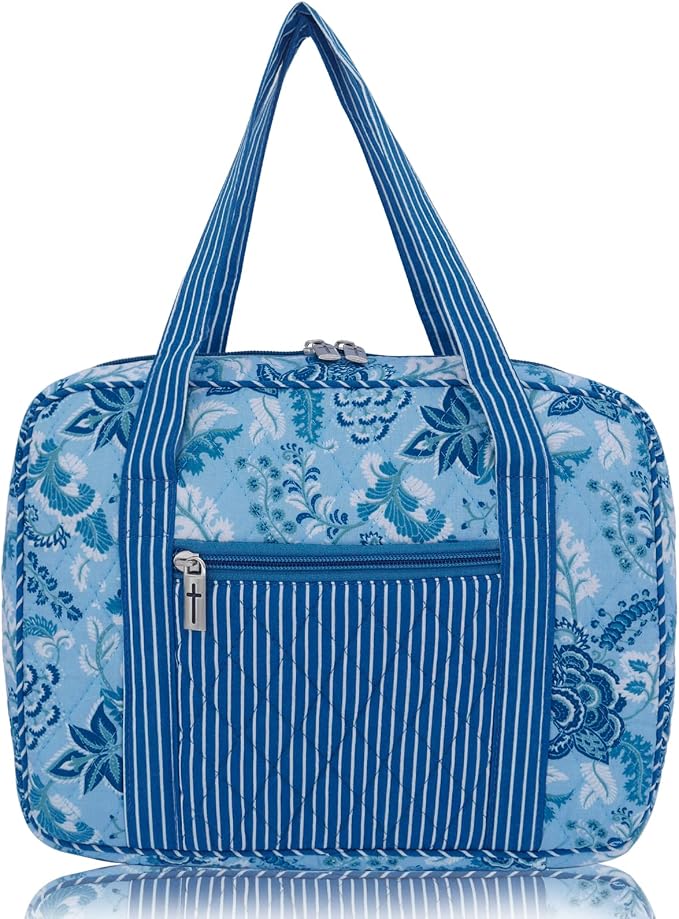 DIWI Quilted Cotton Bible Cover Bible Tote Book Bag Extra Large Sizes 11.25 X 8.25 X 2.75 Inches (XL, C2 Blue Memory)