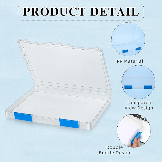 PerKoop 6 Pcs Clear Paper Storage Box A4 Plastic File Box Document Paper Organizer Storage Board Game Project Cases Containers with Buckle for Craft, Magazine(12.4 x 9.84 x 1.18 Inches,Blue)