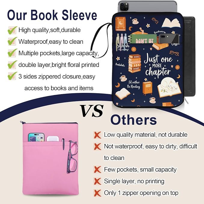 Book Sleeve for Book Lovers,Just One More Chapter Waterproof PU Leather Travel Book Carrying Case,Book Pouch with Zipper,Cute Cat Book Portable Book Protector Cover Bag for Hardcover Paperbacks Gift