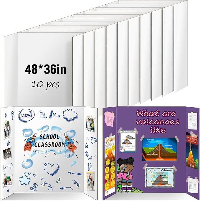 10 Pack Trifold Poster Board 48" X 36", IKAYAS Double Sided White Tri-fold Poster Boards, Science Fair Display Boards Presentation Boards for Mounting, Art, Display, Projects Classroom Supplies