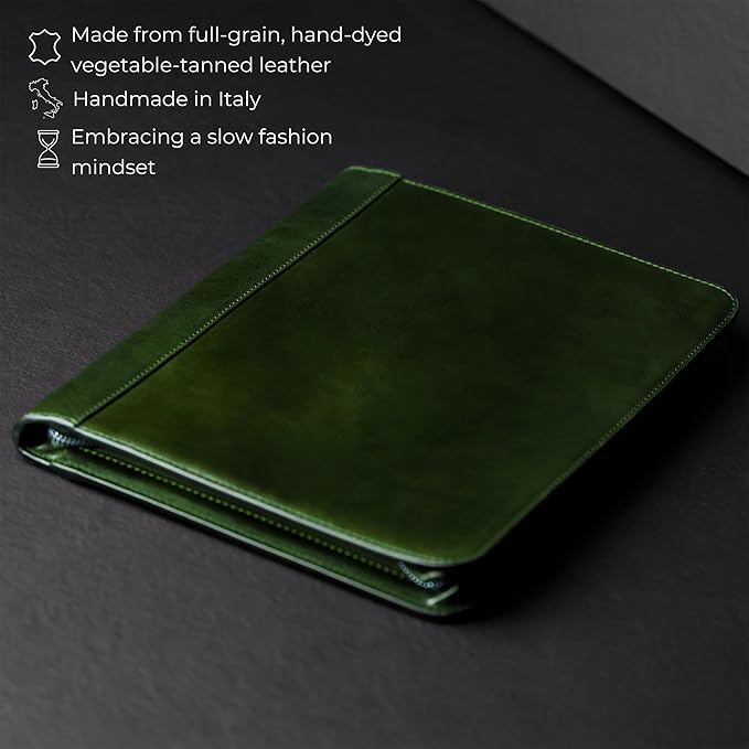 Time Resistance Leather Portfolio - A4 Document Folder - Italian Handcrafted Padfolio Organizer (Green) - Gift Box Included