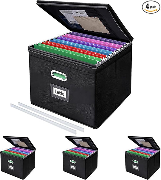 4 Pack File Organizer Boxes with Lids, Collapsible Document Storage Bin with Mesh Pockets & Zipper, Fits Letter/Legal Size Folders for Home Office Moving Classroom Organization (Black, No Folders)