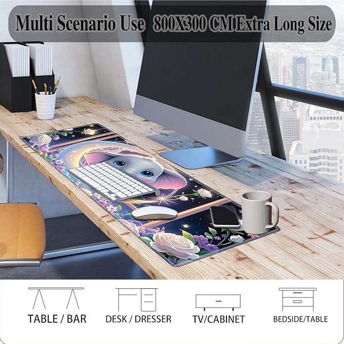 Mouse Pad Gaming Mousepad 31.5x11.8 Inch XXL Large + Coasters,Desk Mat with Stitched Edges, Non-Slip Rubber Base, Thick Mouse Pad for Computer, Laptop, Office & Home - Cute Elephant Moon