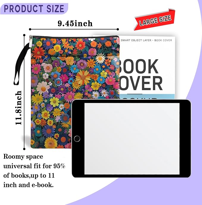 FOURTH WING Book Cover, Floral Pattern, Multicolor, Cotton, Zipper Closure, Book Sleeve for Paperbacks and Hardcovers, with Front Pocket and Zipper, Gift for Book Lovers