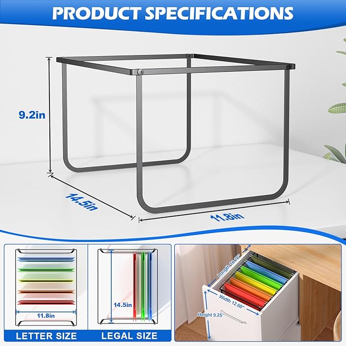 1 Pack Legal and Letter Size Hanging File Folder Frame Desk Organizer Destop Hanging File Frame, Hanging Folder Holder Metal Rack for Filing Cabinet File Drawer, 15.3" L12.4 W9.4 H