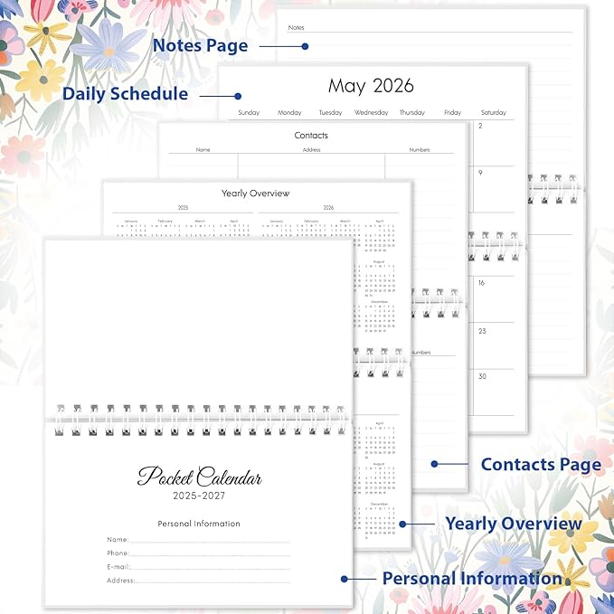 Phyxin Pocket Calendar 2026, Pocket Calendar - Runs from September 2025 Until December 2027, 2026-2027 Monthly Planner-4.2" x 6.5", Pocket Planner 2026 with Coil for School Office Supplies, Flowers
