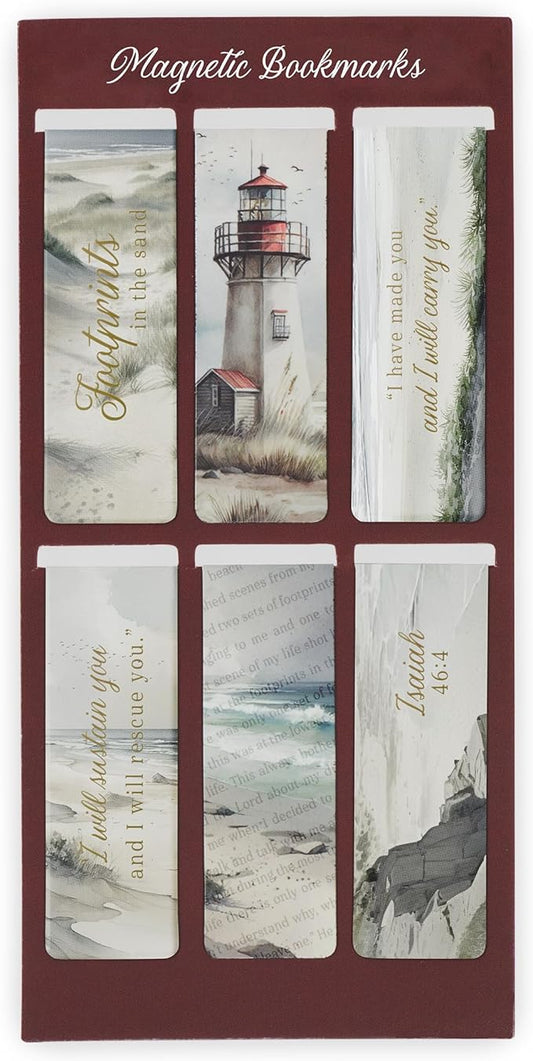 Christian Art Gifts Magnetic Bookmark Pagemarker Set for Men & Women: Lighthouse Sandy Ocean Theme & Golden Inspirational Scripture for Reading, Bibles, Books, Fridges, Small, Multicolor, 6 Piece Set