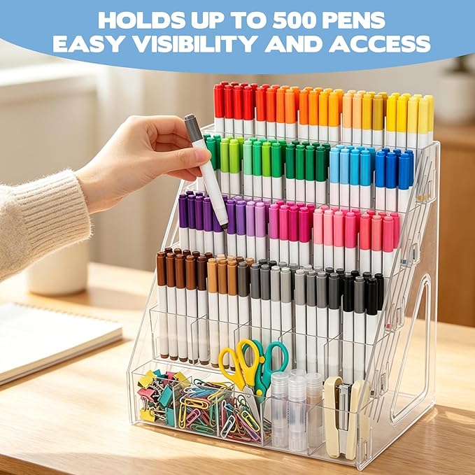 YEXEXINM 5 Tier Acrylic Desk Organizer with 25 Compartments Clear Pen Holder for Pens Pencils Markers and Art Supplies Large Capacity Desk Storage Rack for Home Classroom Office and Art Studio