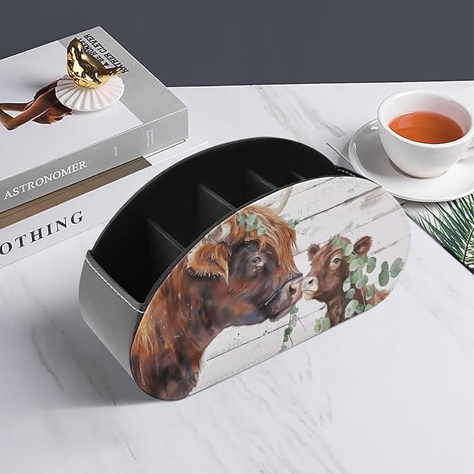 Highland Cow Farmhouse Remote Control Holder Remote Organizer Storage Box for Multi-Media Controllers with 5 Compartments for Cosmetics Office Supplies