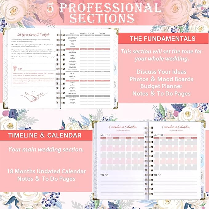 Tullofa Wedding Planner - Wedding Planner Book and Organizer for The Bride with 5 Tabbed Sections, 6.5" x 8.75", Hardcover with Metal Corner + 5 Inner Pocket + Sticker + Notes Pages - Purple White
