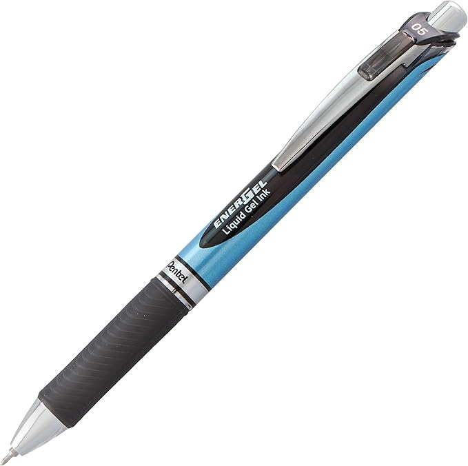 Pentel® EnerGel™ Deluxe RTX Retractable Liquid Gel Pens, Fine Point, 0.5 mm, 54% Recycled, Blue Barrel, Black Ink, Pack Of 12 Pens