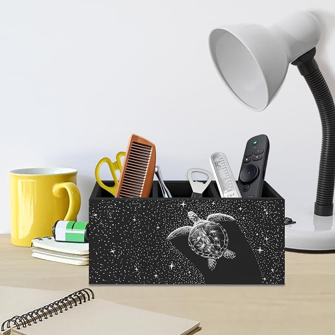 Turtle Beach Pen Pencil Holder for Desk Accessories, Dark Starry Night Animal Coastal Wooden Box Decorative Sign for Home Office Desk Tabletop Decor