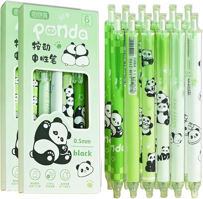 12 Pcs Cartoon Retractable Gel Ink Pens, 0.5mm Fine Tip Black Ink Cute Panda Pen Set, Ideal for Office, School, Women & Men (Black Ink - Panda)
