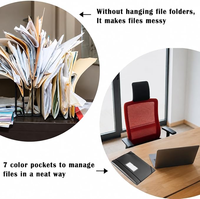 7-Pockets Hanging File Folder with Retractable Hooks for Filing Cabinet, Letter Size Expandable Accordion File Organizer with Elastic Band for File Frame or On-The-Go Use (6 Pack)