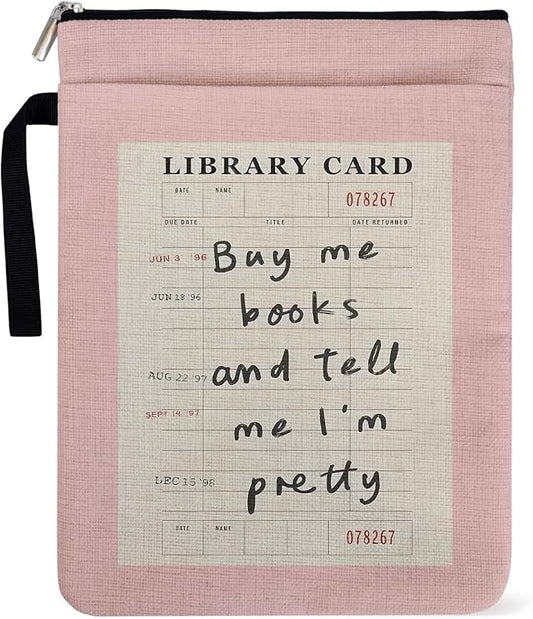 Buy Me Books and Tell Me I'm Pretty Book Sleeve for Librarian, Book Lovers Bookish Group Club Gifts for Women, Book Cover with Zipper and Handle for Paperbacks 9 x 12 Inch