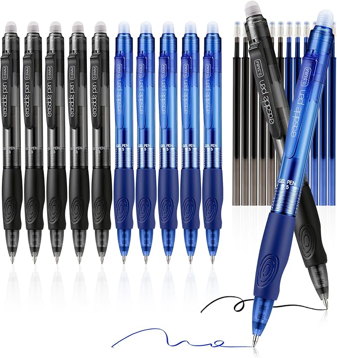 EUSOAR Erasable Gel Pens, 12-Pack Retractable Pens & Refills (6 Black, 6 Blue Each), Dry Erase Pen Make Mistakes Disappear for Office Planner Scheduling Appointments Sketching Note Taking