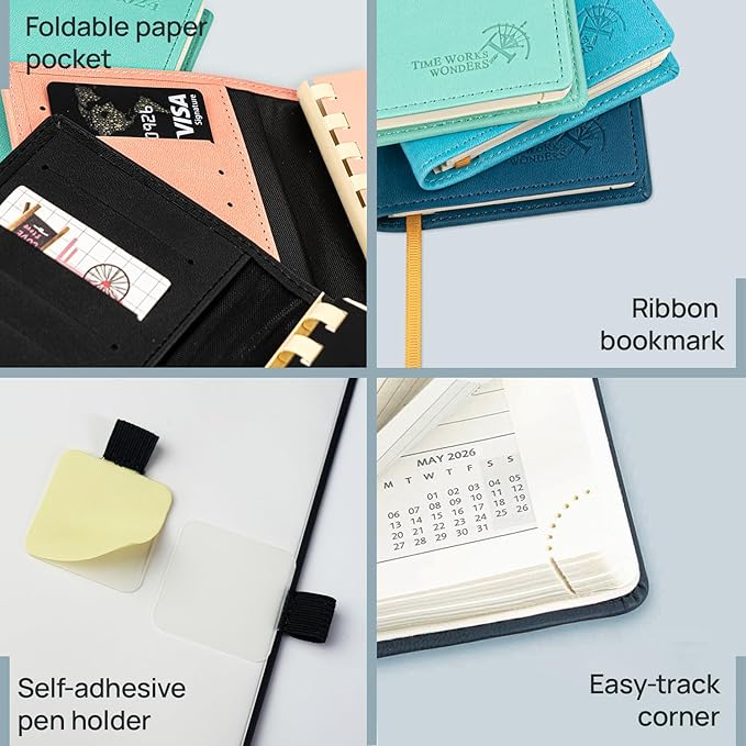 POPRUN Pocket Calendar 2026 (Slim Size-3.5'' x 6.5''), 12 Months (Jan. - Dec. 2026) Small Planner Weekly and Monthly for Purse with Pen Holder, Storage Pocket, Vegan Leather Hardcover - Pink