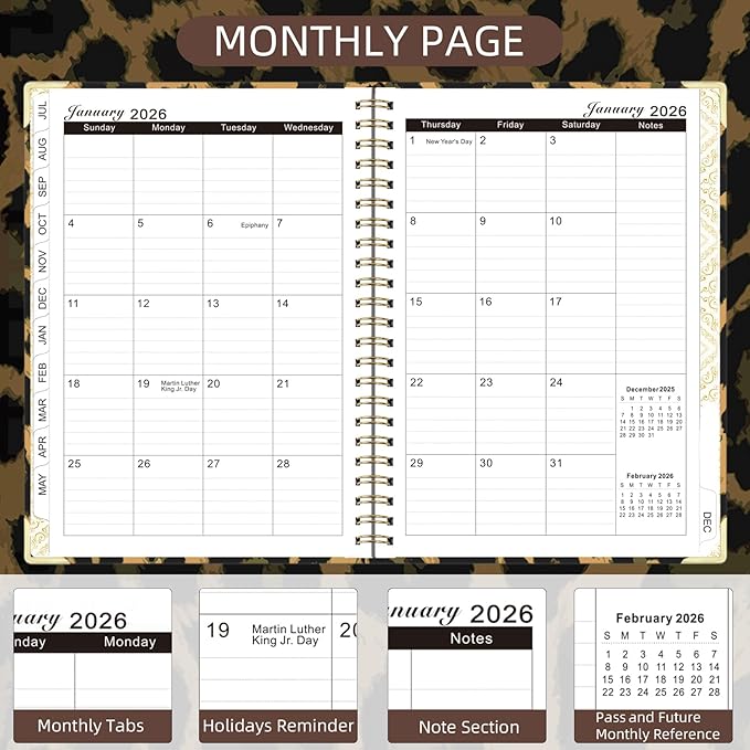 2026 Planner, Jan.2026 - Dec.2026 Planner Weekly and Monthly 6.25"x8.5" with with Page Tabs, Calendar Hardcover with Inner Pocket, Elastic Band, Twin-Wire Binding, Bookmark, Brown Leopard