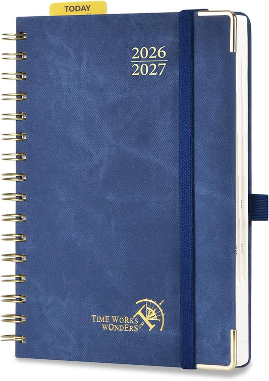 POPRUN Daily Planner 2026-2027 One Page Per Day (6" x 8.5"), 12 Months Hourly Appointment Book (July 26-June 27) Academic Planner Calendar Book with Inner Pocket, Spiral Hardcover - Ink Blue