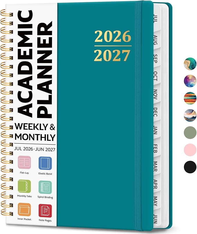 Academic Planner 2026-2027, Weekly and Monthly Calendar Planner Book, July 2026 – June 2027, Hardcover Organizer with Tabs, Perfect for Teachers, Students, Women & Men, A5 (6.4" x 8.5") - Turquoise