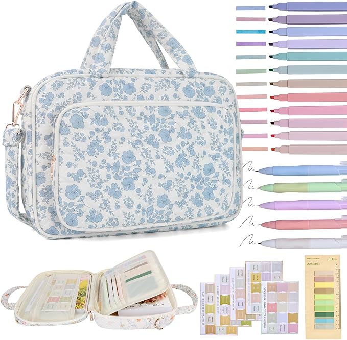 Bible Cover Case for Women Bible Study Supplies Church Camp Essentials Christian Gifts for Women Journaling Kit Quilted Large Bible Book Sleeve (Blue Flower, Large)