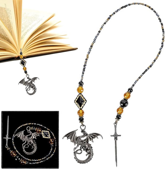Dragon Sword Bookmark Gifts - Black Fantasy Fourth Beaded Bookmarks for Men Book Lovers Crystal Bead Chain Wing Page Marks School Office Reading Accessories Bookish Gift for Birthday Christmas