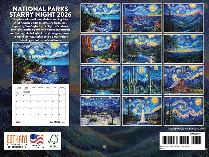 National Parks Starry Night Van Gogh Style Calendar 2026 Monthly Wall Calender 12 Month | American Made In The USA