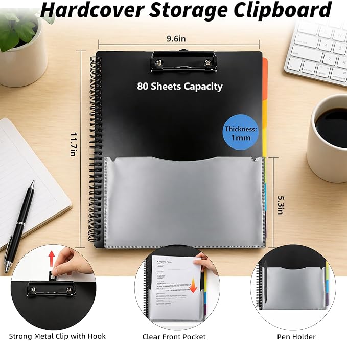Binditek 3 Pack Plastic Clipboard Folio Folders, 6-Color Dividers with 1/6-Cut Tabs, 12-Pocket Project Organizer, Inner Zipper Pouch, Hardcover Storage Clipboard, Letter-Size, with Sticky Tab Lables