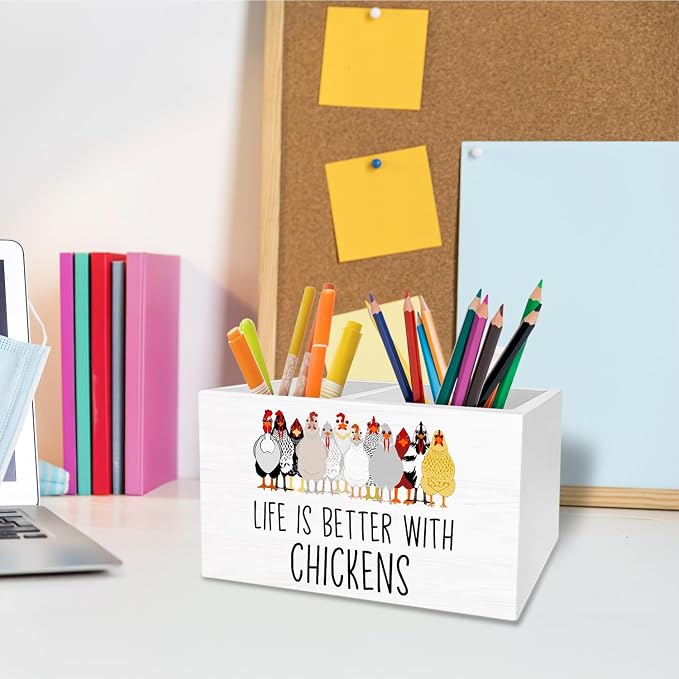 Funny Farm Chicken Pen Holder for Desk, Chicken Lover Mom Lady Gifts Pencil Organizer, Life is Better with Chickens Wooden Box Sign Desk Decor for Home Office Decoration