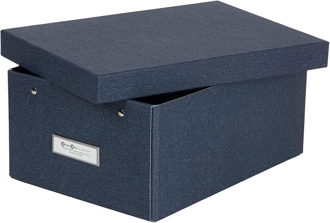 Bigso Karin KD Collapsible Storage Box with Labelframe for Easy Identification - Simple Assembly without Tools - Decorative Storage Boxes with Lids - 8.9in x 12.4in x 5.4in - Blue