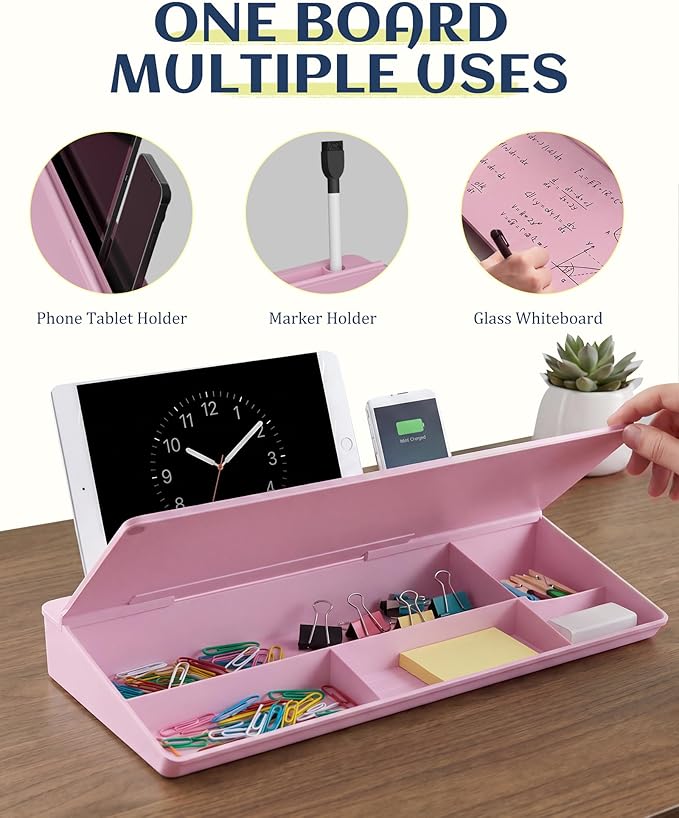 Glass Desktop Whiteboard, Dry Erase Board with Marker Holder, Computer Monitor Message Board and Desk Organizer for Home, Office and School Supplies (Pink)