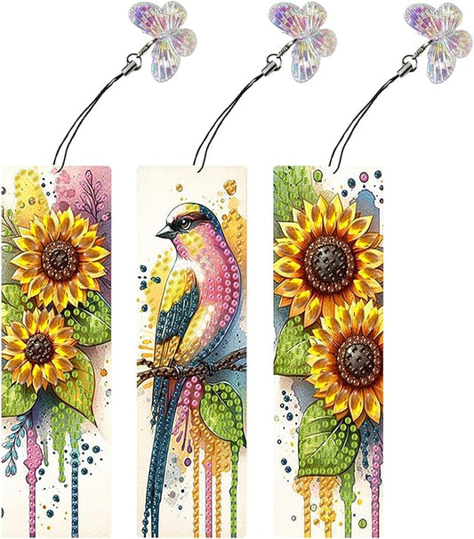 ARTopet 3Pcs DIY Diamond Art Painting Bookmarks with Colorful Butterfly Pendant PET Bookmark Ornament Double Sided Pattern Single Sided Diamond Book Marker Clip Gifts Tags-Sunflower Bird