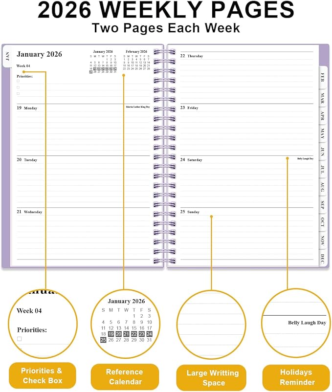 2026 Planner - Weekly and Monthly Planner from Jan 2026 - Dec 2026, Spiral Planning 2026 with 12-Month Tabs, Inner Pocket, 6.25" x 8.5", Purple
