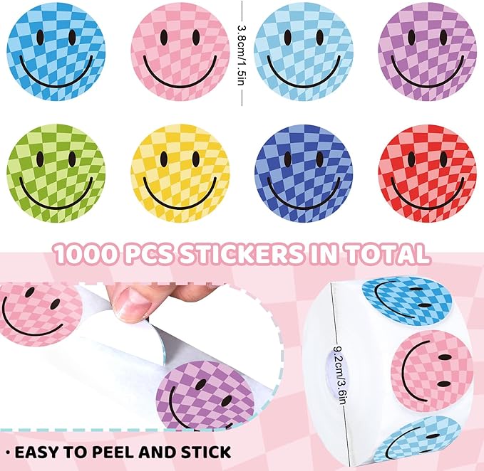 Whaline 1000Pcs Checkered Smile Face Stickers Roll Happy Face Decal Stickers Colorful Round Label Stickers Reward Adhesive Stickers for School Teachers Students Rewards Party Favor Supply