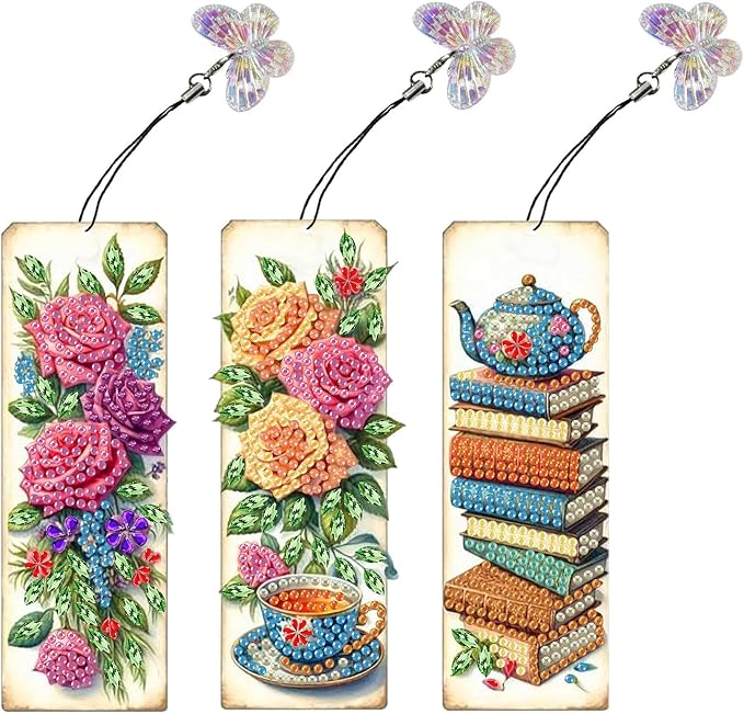ARTopet 3Pcs DIY Diamond Art Painting Bookmarks with Colorful Butterfly Pendant PET Bookmark Ornament Double Sided Pattern Single Sided Diamond Book Marker Clip Gifts Tags-Rose