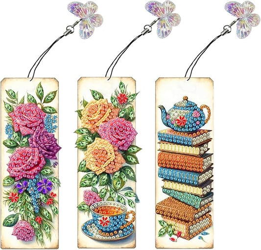 ARTopet 3Pcs DIY Diamond Art Painting Bookmarks with Colorful Butterfly Pendant PET Bookmark Ornament Double Sided Pattern Single Sided Diamond Book Marker Clip Gifts Tags-Rose