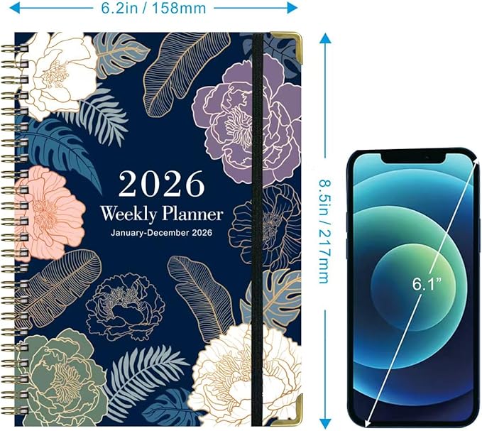 2026 Planner Weekly and Monthly Agenda Notebook, 6" X 8" Spiral Hardcover Daily Planner Calendar with Tab, Bookmarker, Elastic Band and Back Pocket, Office Supplies for Women Blue Floarl