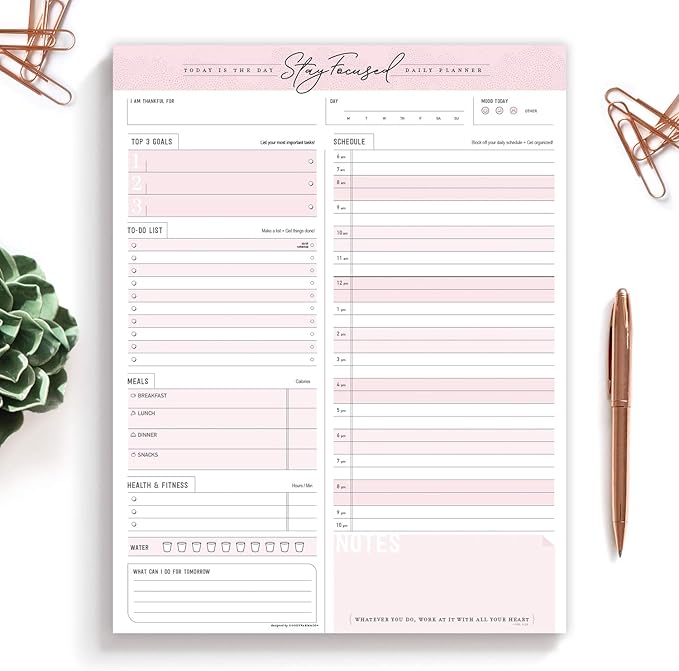 Daily Notepad Planner To Do Schedule - Stay Focused 50 Tear off Premium Made USA (Rose Pink)