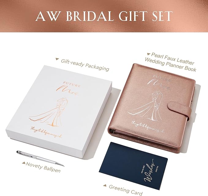 AW BRIDAL Future Mrs Wedding Planner Book and Organizer Gift Set, Personalized Destination Wedding Planners, Rose Gold Planning Gift for Bride and Engaged Couples, Cool Engagement Gifts for Her