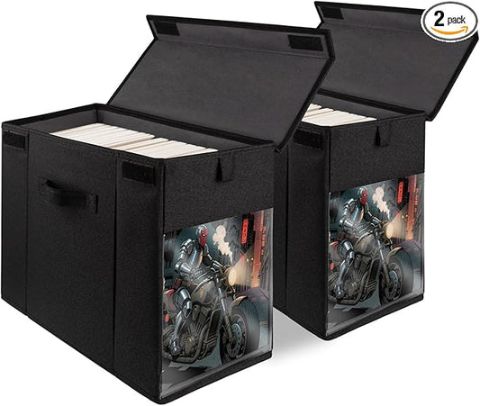 2 Pack Comic Book Storage Box with Lid for Modern Age, Collapsible Magazine Organizer with Clear Window, Heavy Duty Case Container Holder, Black